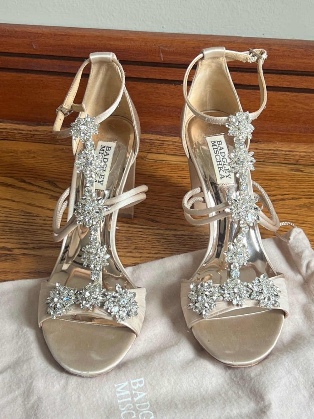 Badgley Mischka Laney Champagne Crystal-Embellished T-Strap Heels
